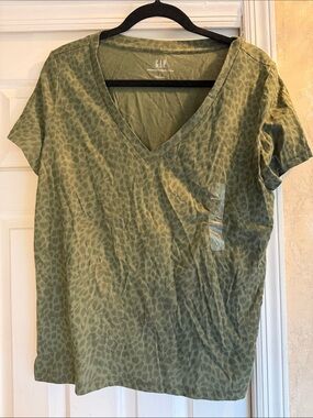 GAP Olive Green V-Neck Short Sleeve Tee with Subtle Animal Print